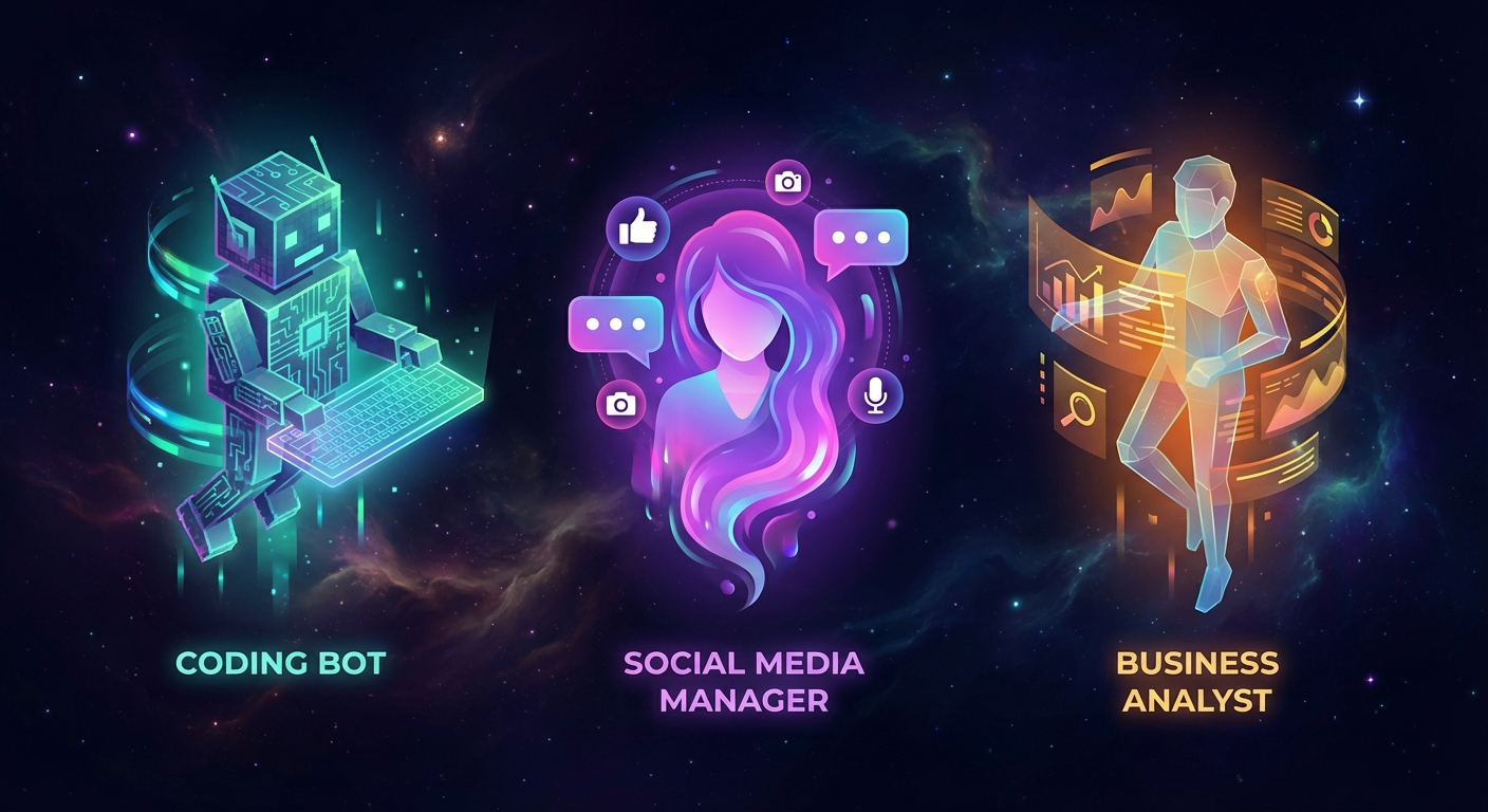 Different AI agent personas: coding, social media, business analysis